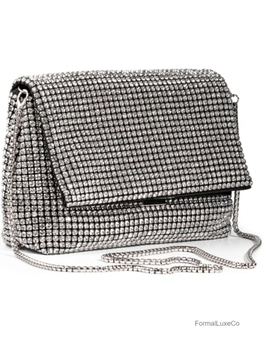Sparkly Crystal Envelope Clutch with Detachable Chain, Silver Evening Purse